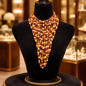 Statement Multi-Strand Wooden Bead Necklace | Amber & Cream